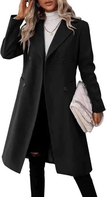 Danedvi Womens Long Double Breasted Coats Lapel in Black