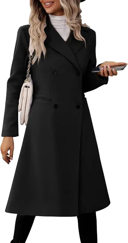 Danedvi Womens Long Double Breasted Coats Lapel – Wool blend with lapel collar