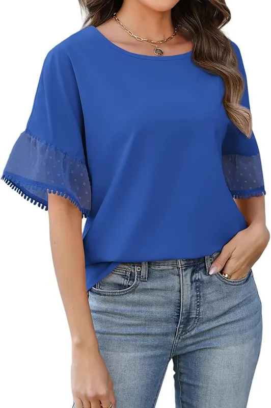 DATAMOUNT Womens Chiffon Blouses Swiss Dot Bell Blue in Blue