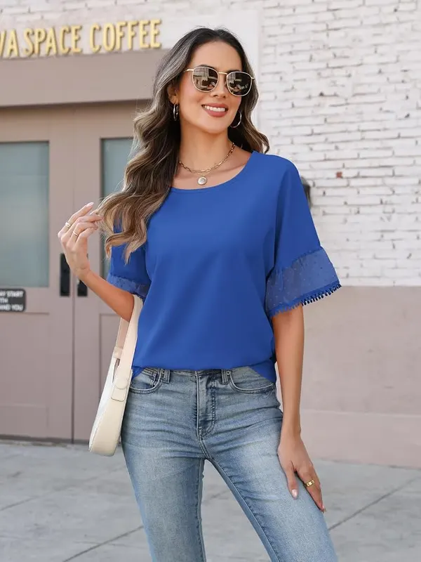 DATAMOUNT Womens Chiffon Blouses Swiss Dot Bell Blue – Material