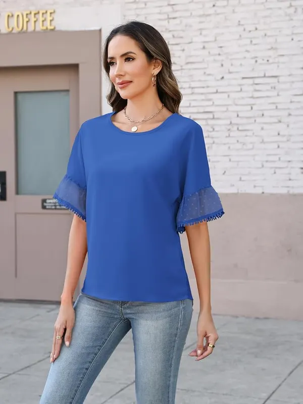 DATAMOUNT Womens Chiffon Blouses Swiss Dot Bell Blue – Easy to Match