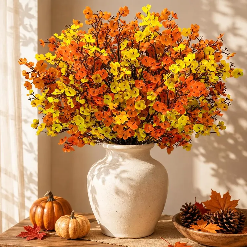 Der Rose 12 Pcs Fall Artificial Flowers Babys in 7pcs Orange+5pcs Yellow