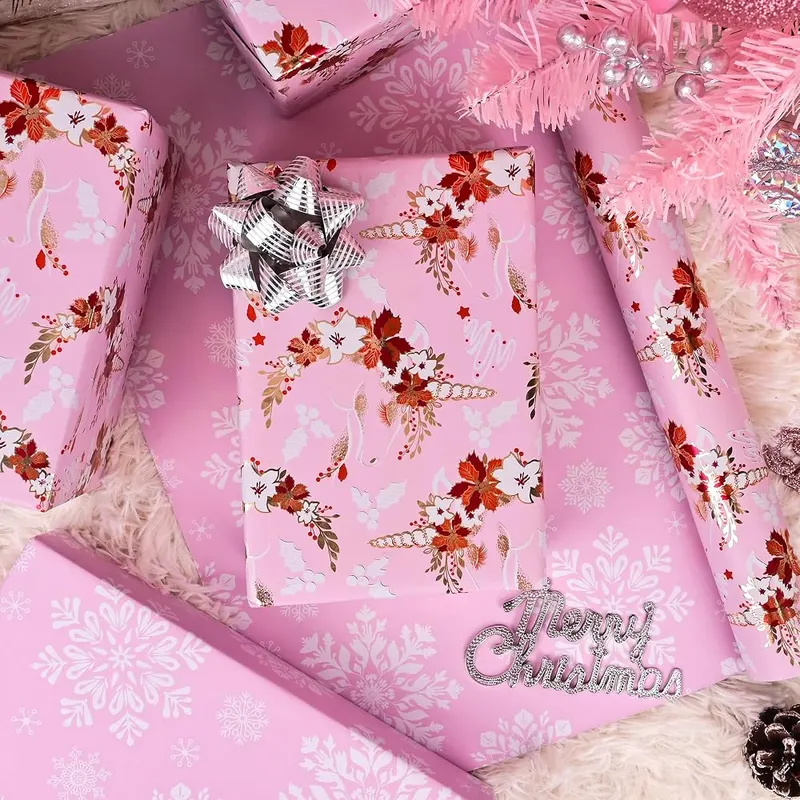 Dlyrroba Reversible Foil Christmas Wrapping Paper Roll – Reversible two-sided wrapping design