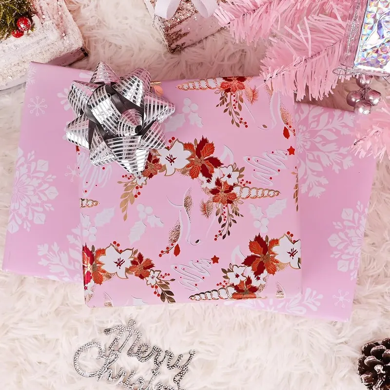 Dlyrroba Reversible Foil Christmas Wrapping Paper Roll – Pink metallic foil accents