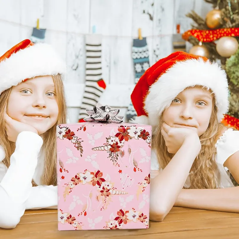 Dlyrroba Reversible Foil Christmas Wrapping Paper Roll – Cute Christmas style for kids and girls