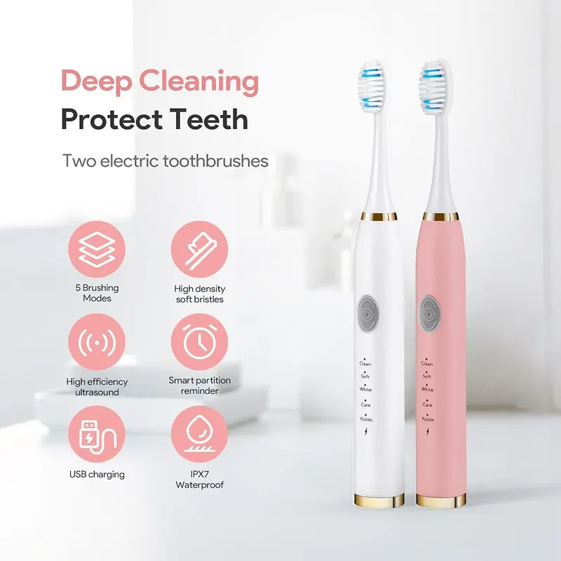 Dnil 2-Pack Rechargeable Sonic Toothbrush – Two handles in white and pink