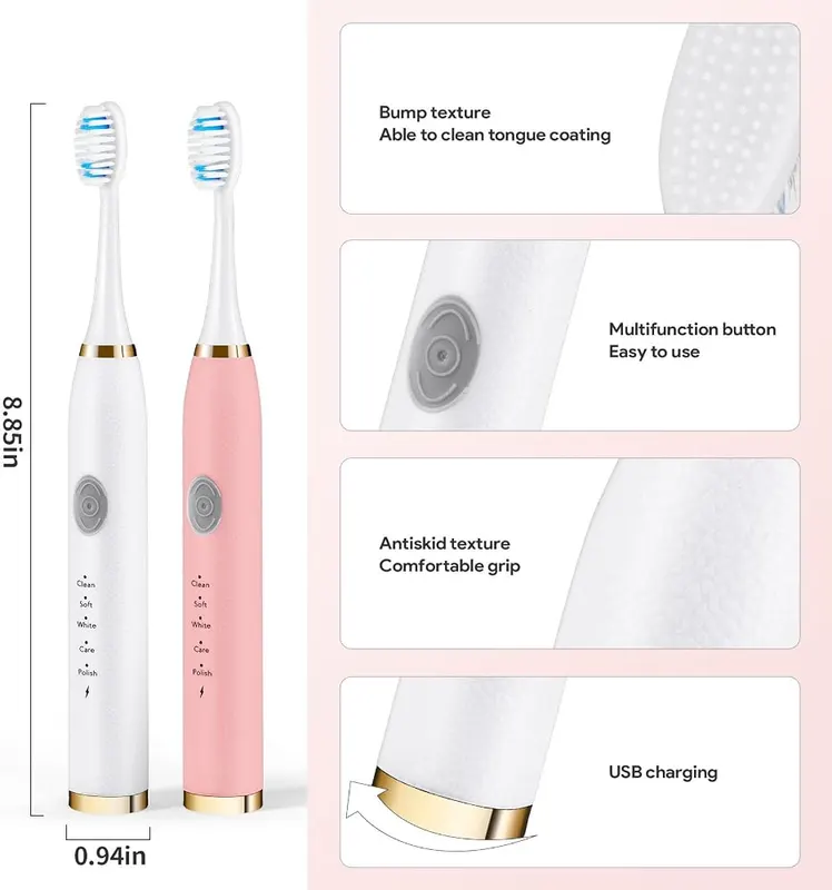 Dnil 2-Pack Rechargeable Sonic Toothbrush – Rechargeable long-lasting battery