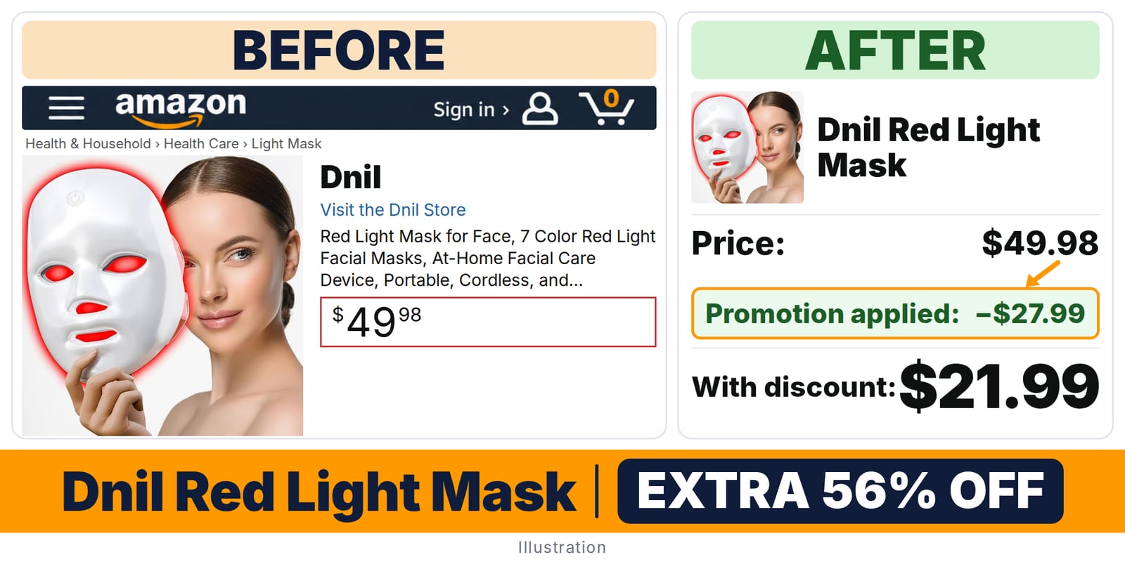 Dnil Red Light Mask deal: before and after – promo code OKESC8RC, 56% off on Amazon