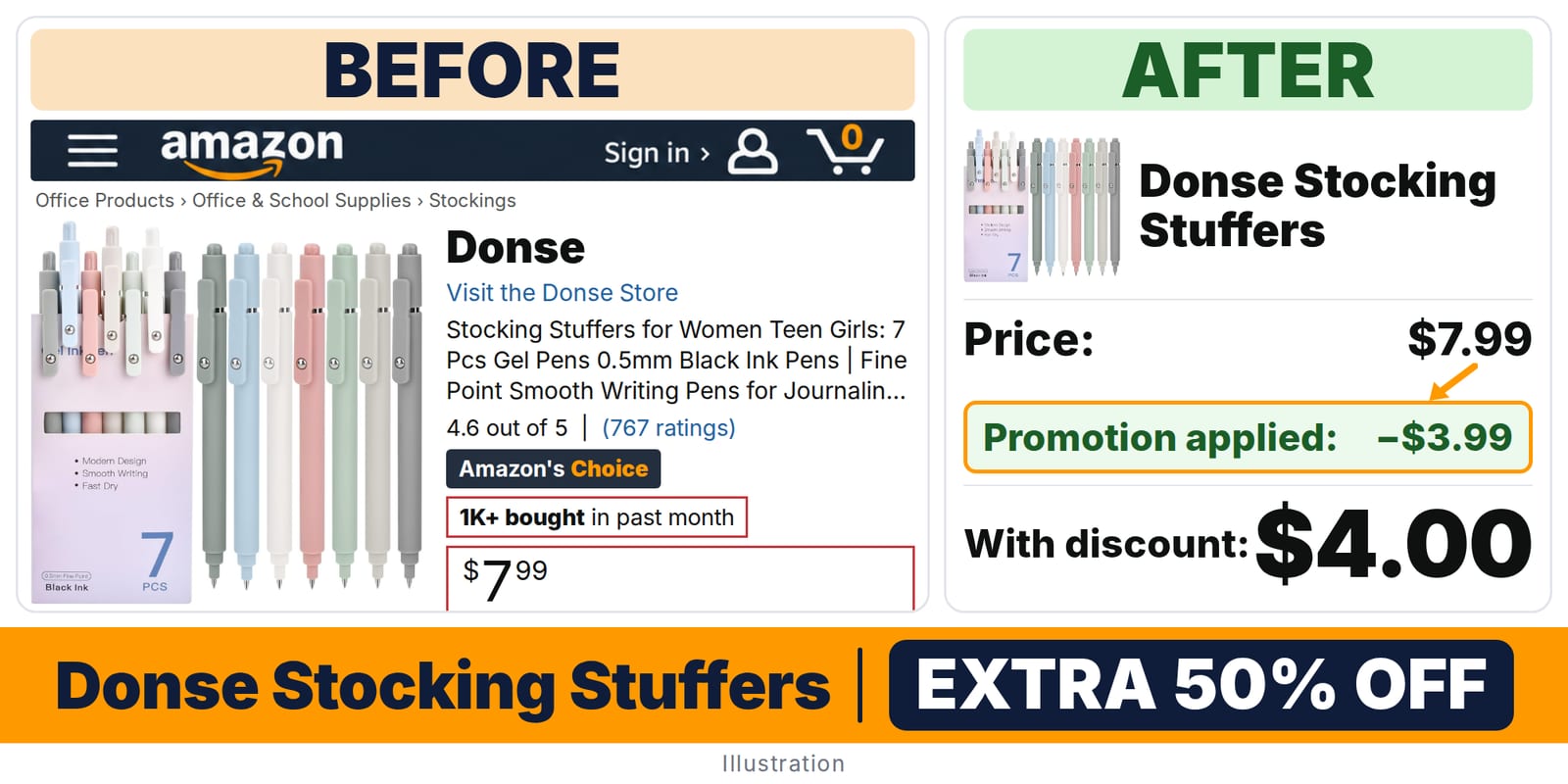Donse Stocking Stuffers deal: before and after – promo code IQT9PALK, 50% off on Amazon