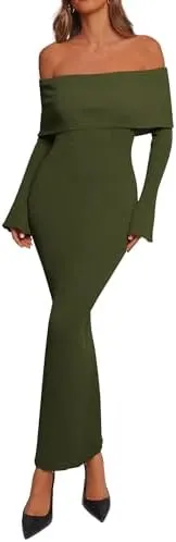 dowerme Women Off The Shoulder Bodycon Maxi – Off-the-shoulder ribbed knit
