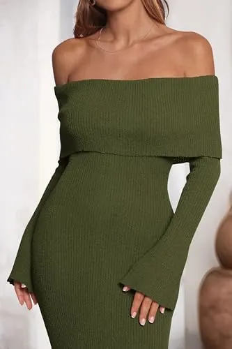 dowerme Women Off The Shoulder Bodycon Maxi – Stretchy chunky knit fabric