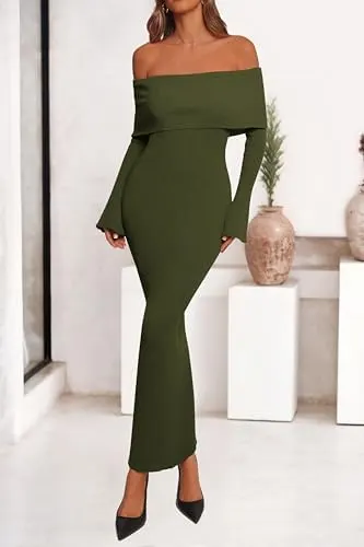 dowerme Women Off The Shoulder Bodycon Maxi – Army Green color