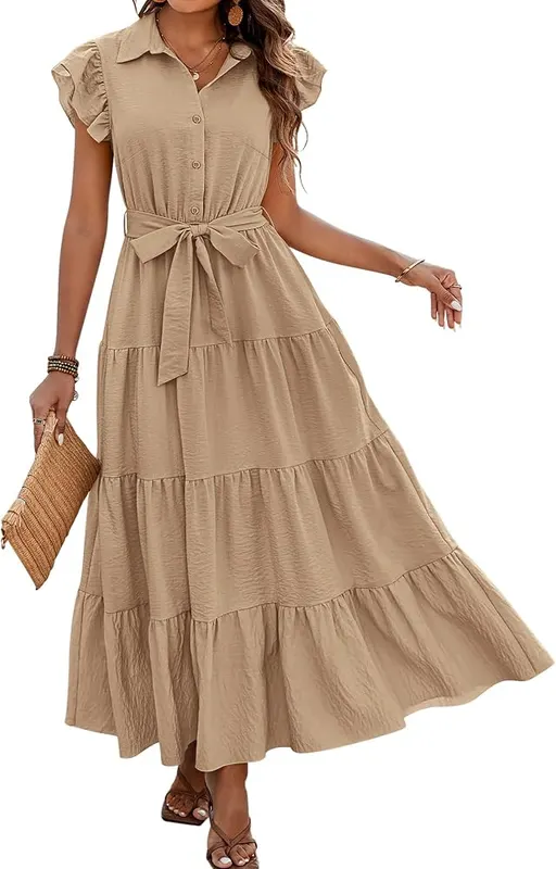 dowerme Women Ruffle Sleeve Button Belted Boho in Khaki