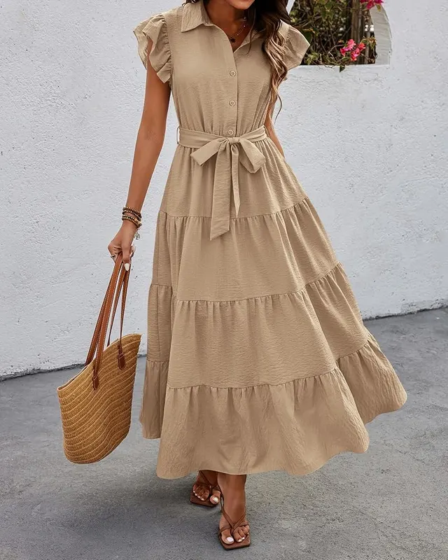 dowerme Women Ruffle Sleeve Button Belted Boho – Tiered boho maxi dress