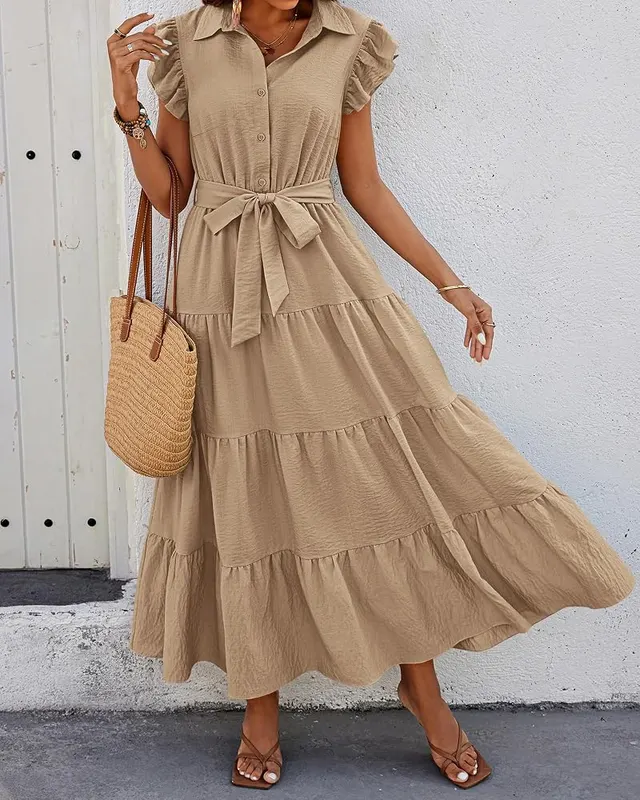 dowerme Women Ruffle Sleeve Button Belted Boho – Cap ruffle sleeves