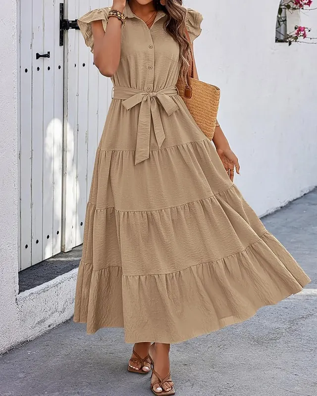 dowerme Women Ruffle Sleeve Button Belted Boho – Button-down belted waist