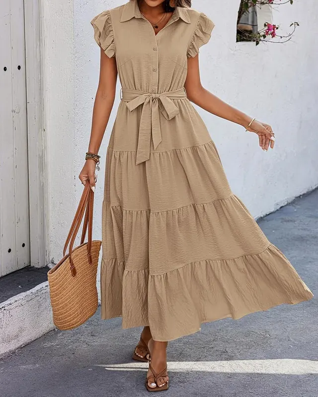 dowerme Women Ruffle Sleeve Button Belted Boho – Viscose blend with inner lining