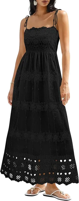 dowerme Womens Spaghetti Strap Eyelet Cotton Boho in Black