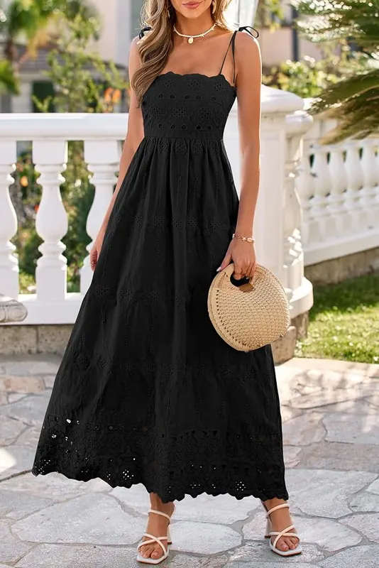 dowerme Womens Spaghetti Strap Eyelet Cotton Boho – Spaghetti strap eyelet maxi dress