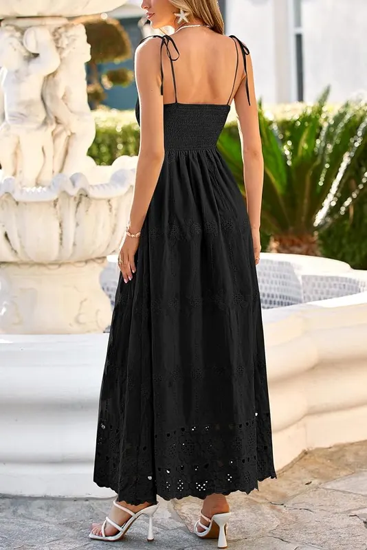 dowerme Womens Spaghetti Strap Eyelet Cotton Boho – Square neckline with tie straps
