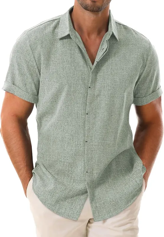 Drazivon Men’s Linen Short Sleeve Button Down Green in Green