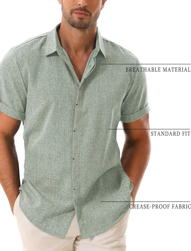 Drazivon Men’s Linen Short Sleeve Button Down Green – Men's linen short sleeve shirt