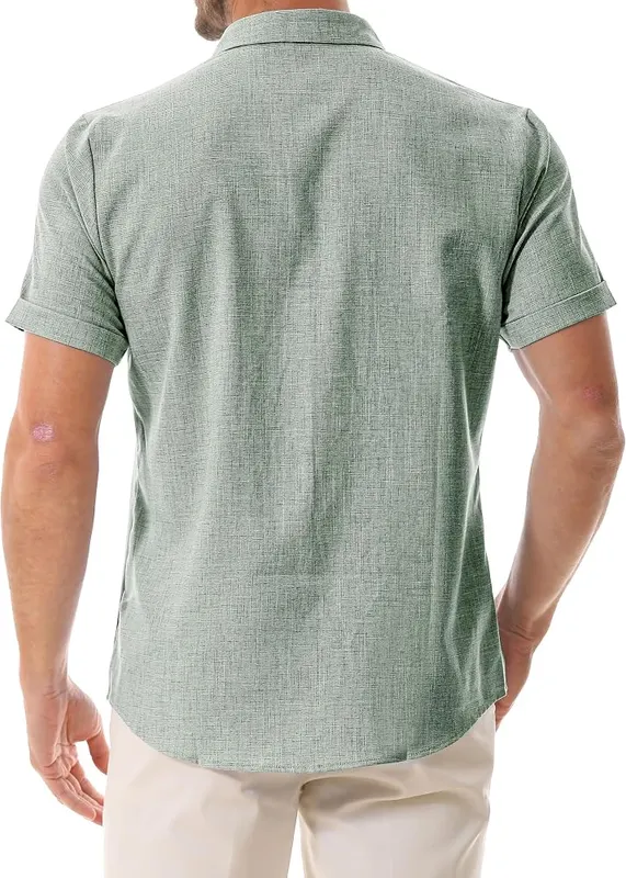 Drazivon Men’s Linen Short Sleeve Button Down Green – Cotton linen blend fabric