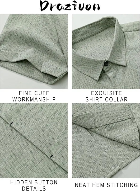 Drazivon Men’s Linen Short Sleeve Button Down Green – Solid green color