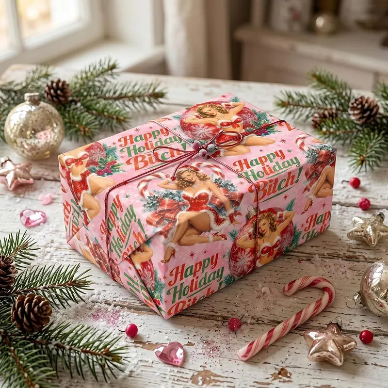 Dtiafu Funny Christmas Wrapping Paper Roll 28.5sq.ft – Retro pin-up style holiday figures