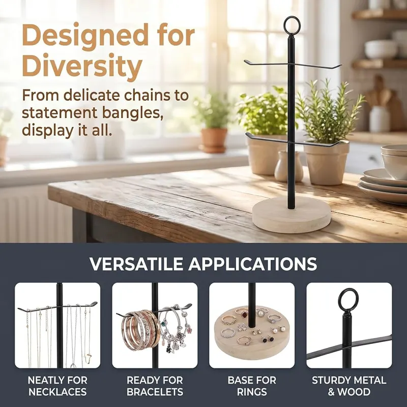 Dzrige 2-Layer Solid Wood Keychain Display Stand – Natural wood grain finish style