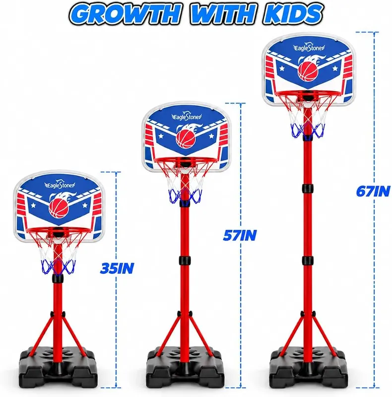 EagleStone Kids Adjustable Height Basketball Hoop – Three basketballs and inflation pump included