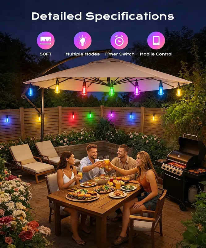 Ecoeve Outdoor String Lights 50FT RGB color – Smart App and Remote Dual Control