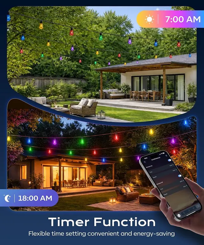 Ecoeve Outdoor String Lights 50FT RGB color – Stepless Brightness Adjustment