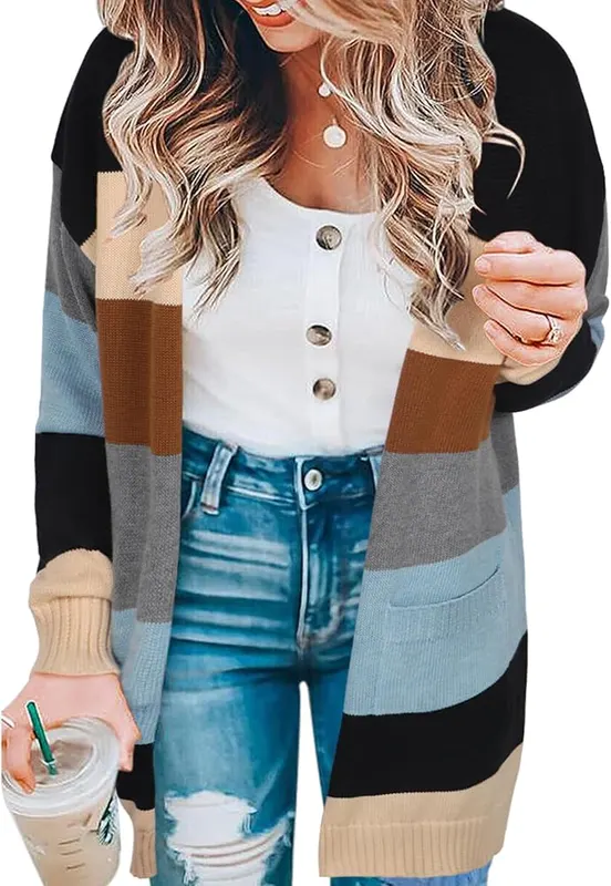 ECOWISH Long Women Sweater Cardigan Knitted Striped
