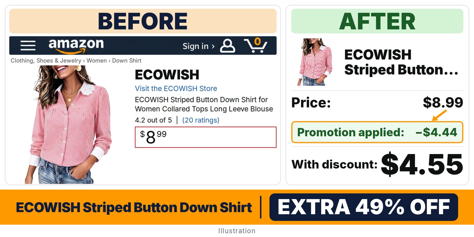 ECOWISH Striped Button Down Shirt deal: before and after – promo code P09ENJ8U, 49% off on Amazon
