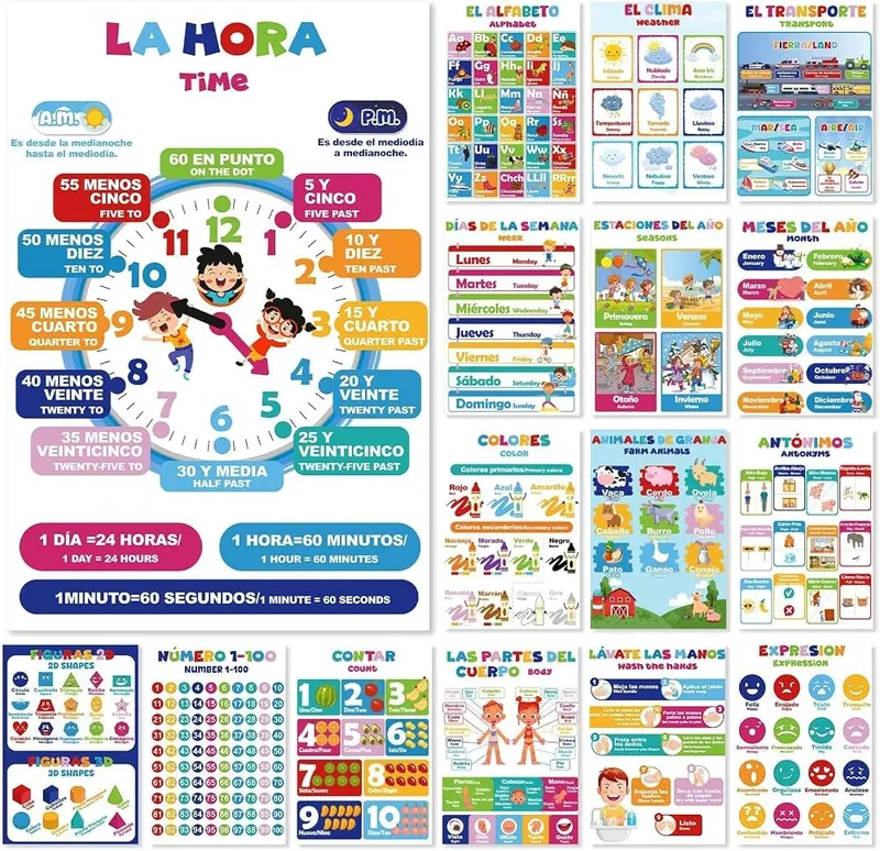 EggSun 16 Pcs Bilingual Learning Posters in Bilingual