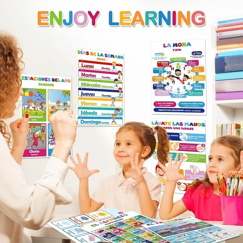 EggSun 16 Pcs Bilingual Learning Posters – Bilingual Classroom Posters (English&Spanish)