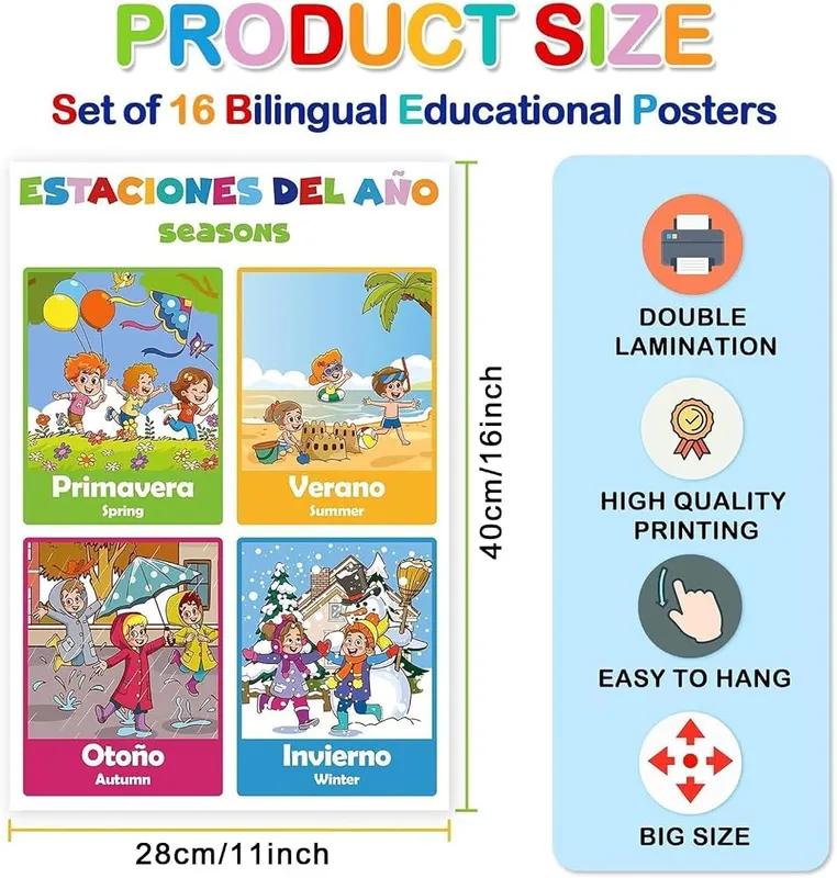 EggSun 16 Pcs Bilingual Learning Posters – Durable & Long-Lasting Classroom Decoration