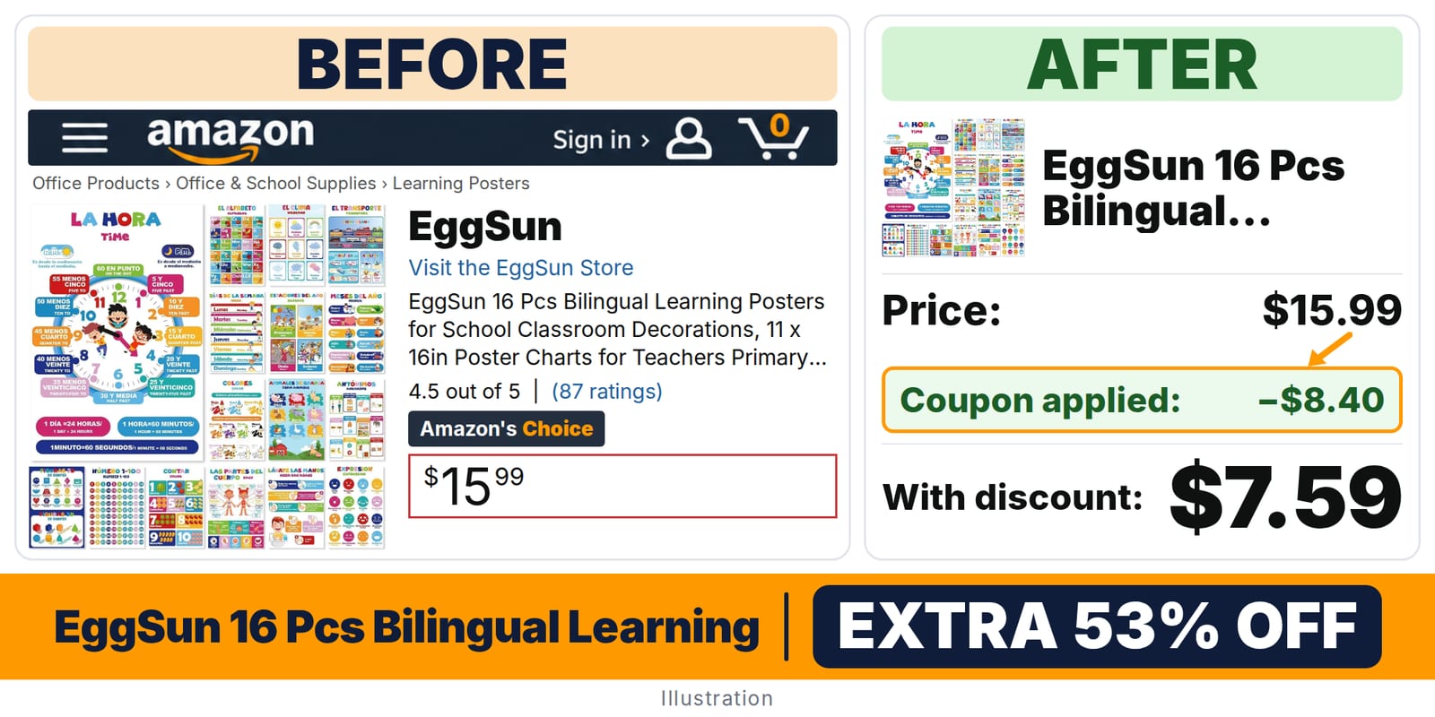 EggSun 16 Pcs Bilingual Learning Posters deal: before and after – 50% off on Amazon