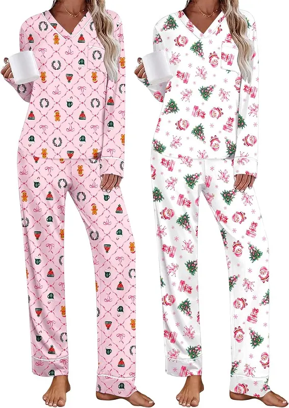 Ekouaer 2 Pack Womens Pajamas Set Long in Christmas Pink/Christmas White Santa Claus