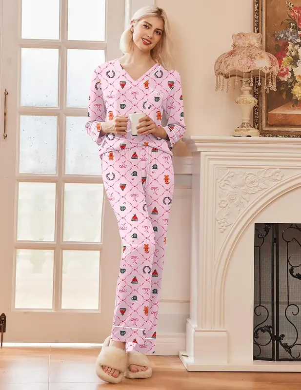 Ekouaer 2 Pack Womens Pajamas Set Long – Long sleeves and long pants