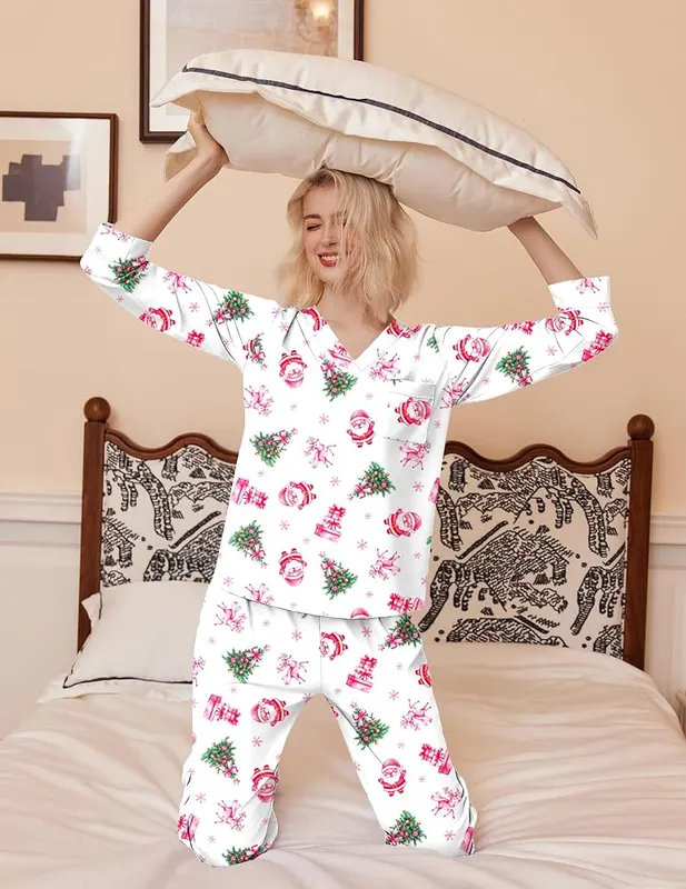 Ekouaer 2 Pack Womens Pajamas Set Long – Santa Claus holiday prints