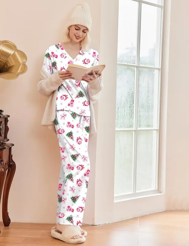 Ekouaer 2 Pack Womens Pajamas Set Long – Pockets on chest and sides