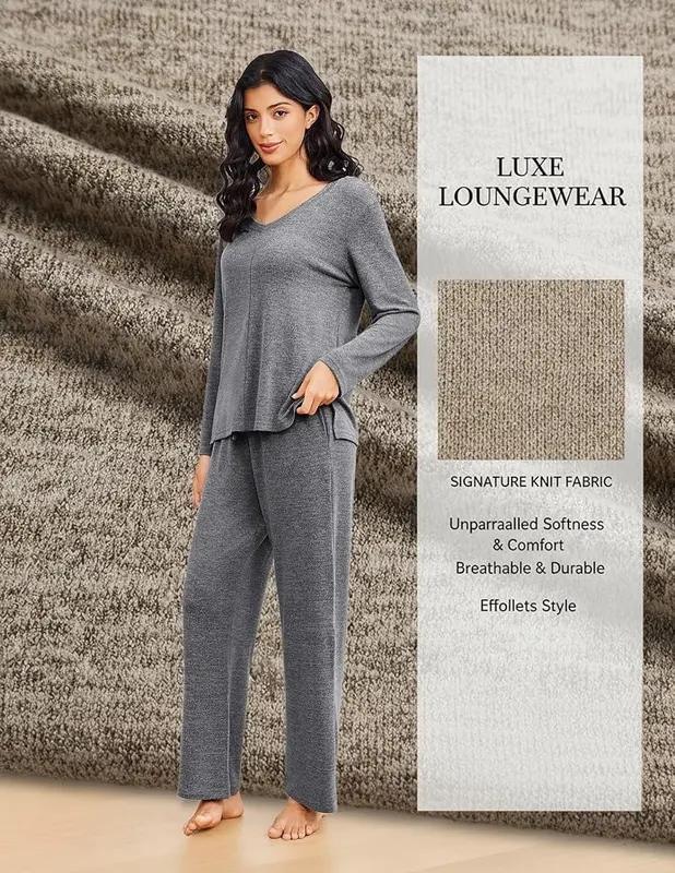 Ekouaer Fall Pajamas Grey XX-Large – V-neck long sleeve top