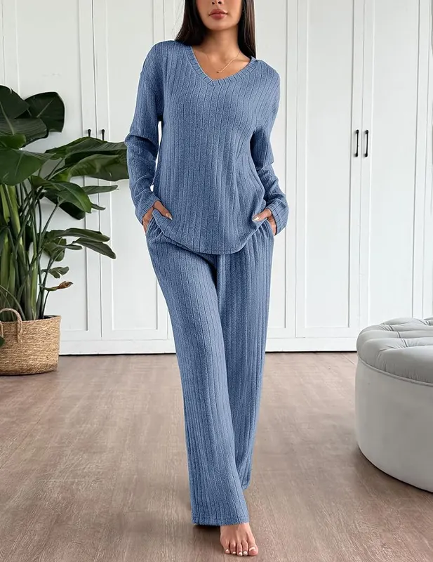 Ekouaer Lounge Sets Captain’s Blue – Ribbed knit lounge set