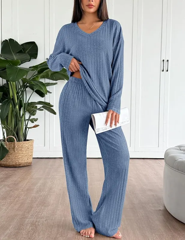 Ekouaer Lounge Sets Captain’s Blue – V neck long sleeve top