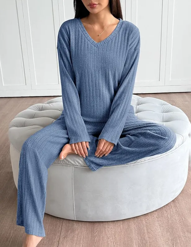 Ekouaer Lounge Sets Captain’s Blue – Wide leg pants with pockets