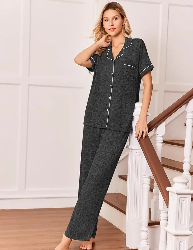 Ekouaer Pajamas Black Bow – Classic button-down pajama set