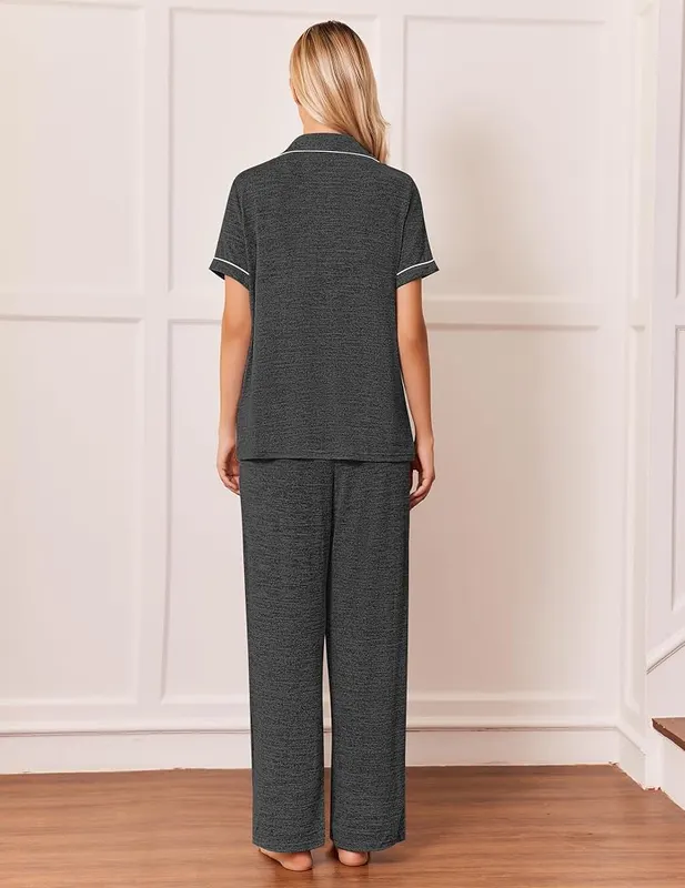 Ekouaer Pajamas Black Bow – Notch collar short sleeve top