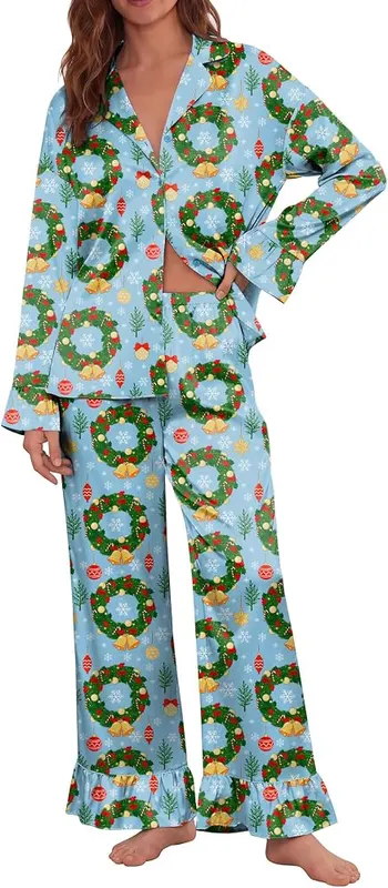 Ekouaer Satin Pajamas Blue Christmas Medium in Blue Christmas